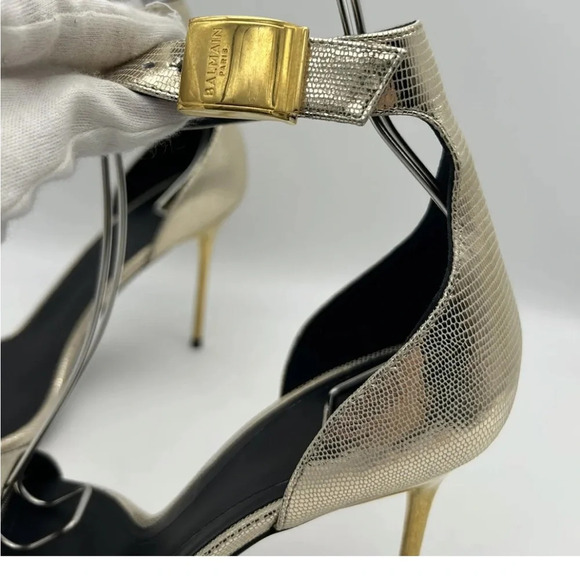 Balmain Uma Lizard-Embossed Leather Sandals Gold Women’s EU 37.5 New In box - Picture 14 of 16